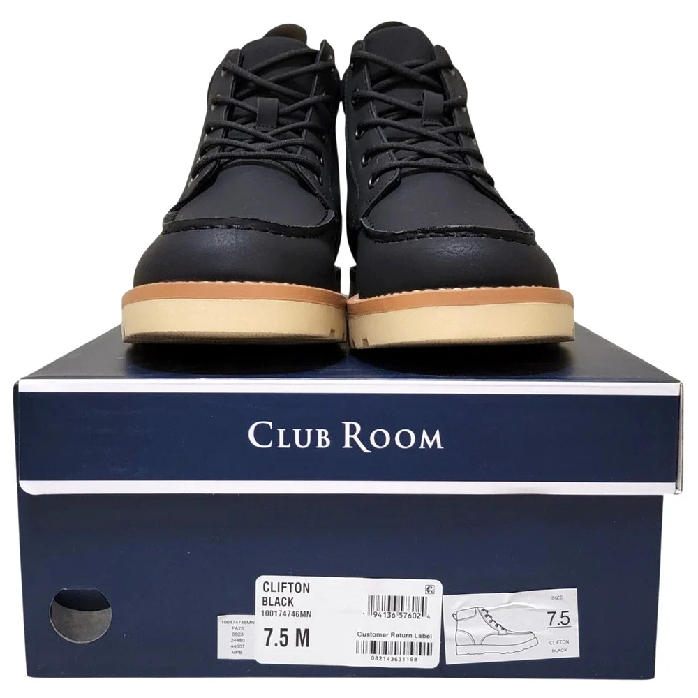 Club Room Clifton Moc Toe Combat Hiking Boots Size US 7.5M Black Faux Leather
